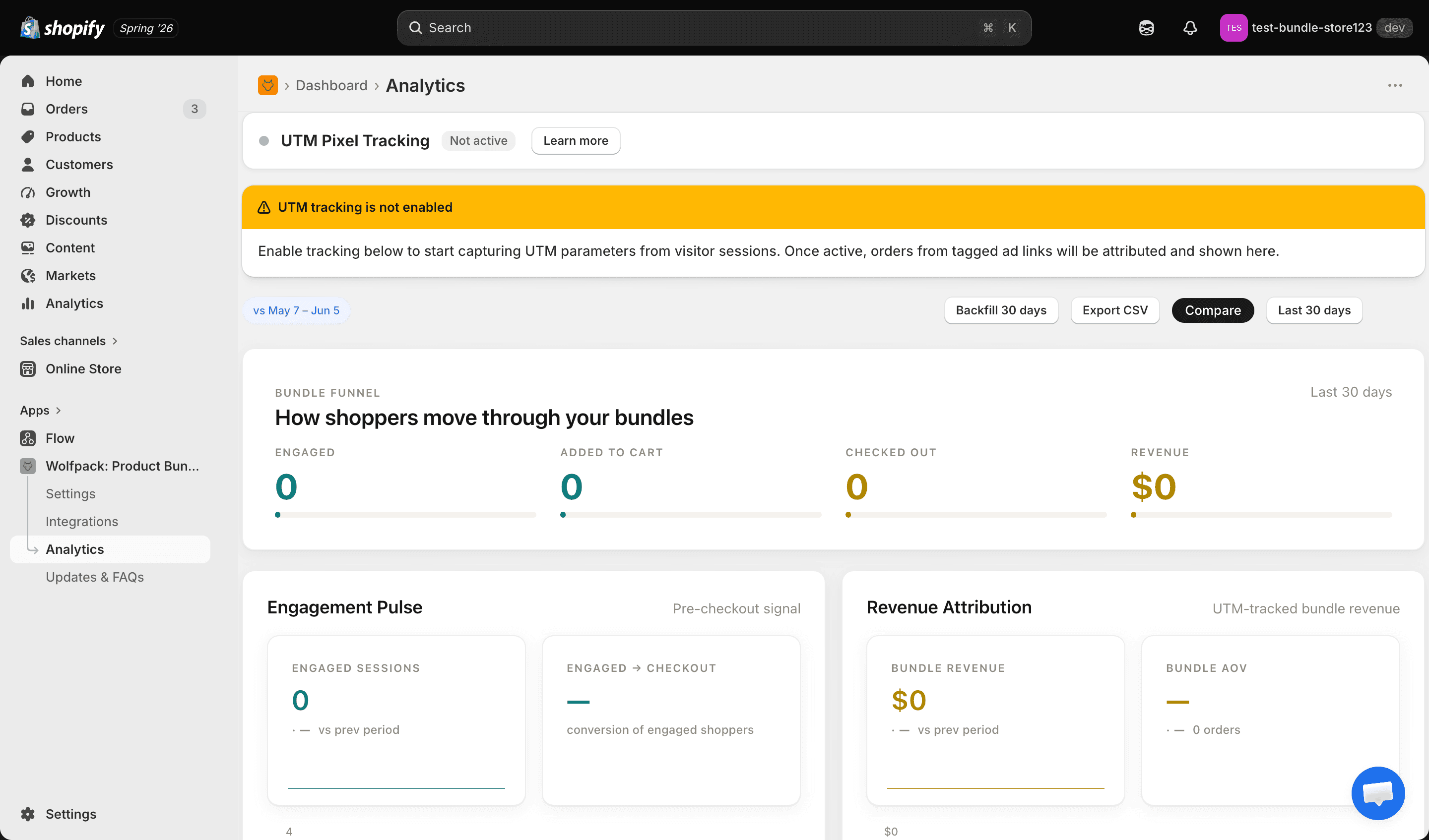 Attribution — bundle funnel, UTMs, CSV export.