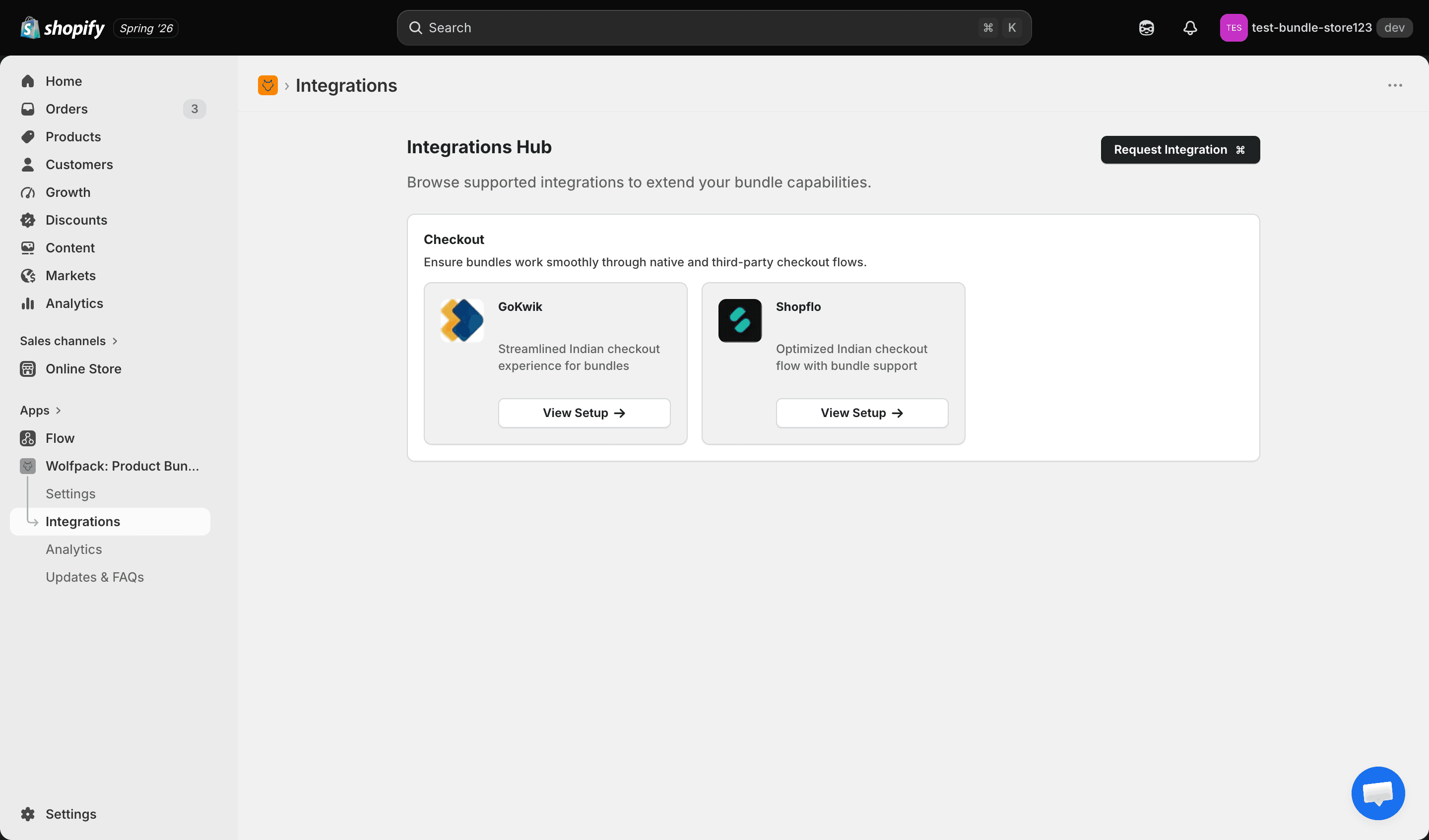 Wolfpack Bundles integrations hub in the Shopify admin